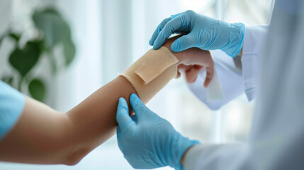 healthcare professional in blue gloves applying an adhesive bandage to someone's upper arm