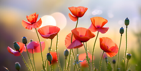 Blooming poppies in spring morning, blurred background, bokeh