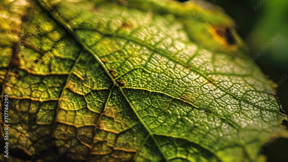 Poster a closeup shot of a leaf, highlighting its unique textures and patterns through mindful observation.