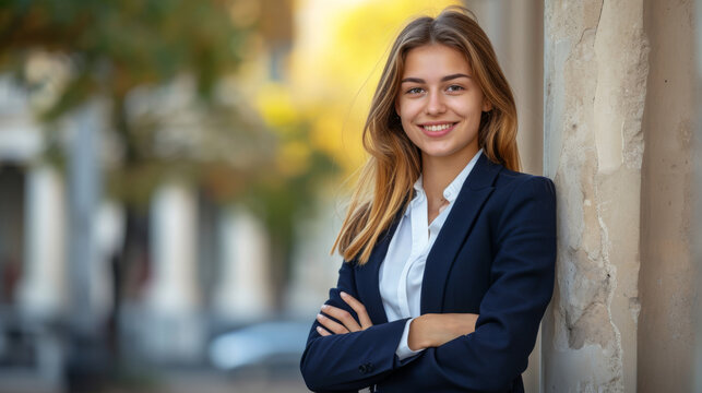 Confident young woman with a pleasant smile is standing arms crossed, wearing a professional business suit, with an out-of-focus academic or corporate building in the background.