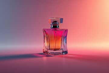 Perfume bottle on colorful background with reflection. Perfumery product - obrazy, fototapety, plakaty