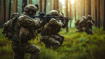 A group of modern soldiers conducts reconnaissance in the forest. Special forces are fighting with the enemy in the forest. - obrazy, fototapety, plakaty