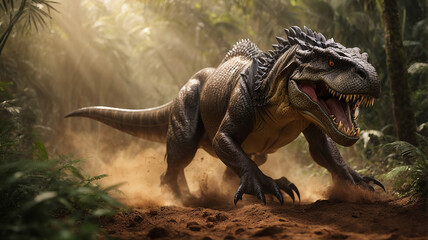 Furious trex or Dynasor running in action on the jungle