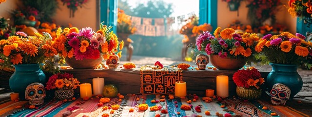 Naklejka premium Celebrate DÃ­a de los Muertos with a vibrant floral display Generative AI