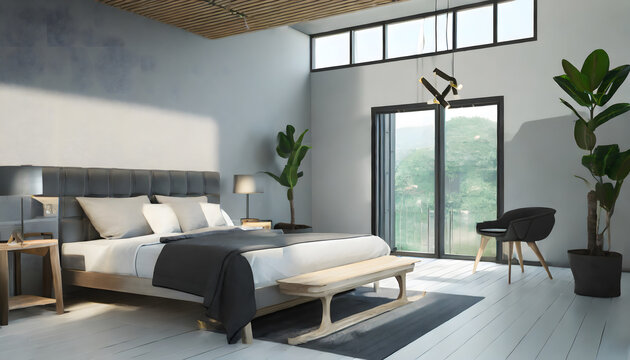 Loft and modern bedroom - 3D render image. Generative AI.