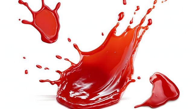 Set of red drops and splashes of ketchup or sauce isolated on white background. With clipping path. Full depth of field. Focus stacking. PNG.