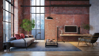 Loft home interior design of modern living room. Generative AI.