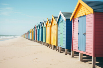 Row of colorful beach huts on a sandy beach with a pier in the distance.