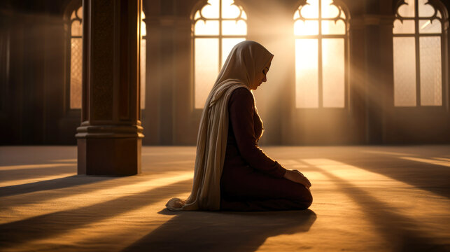 Muslim arab woman wearing white hijab praying in mosque. Islamic religion and Ramadan.