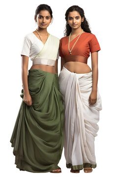 Full length view of Indian women in Mundum Neriyathum: Traditional clothing worn by women in Kerala, consisting of two pieces of cloth Isolated on transparent background.