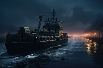Cargo barge on river at dusk - obrazy, fototapety, plakaty