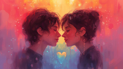 lesbian couple kissing in the rainbow backdrop lgbt during valentine's day