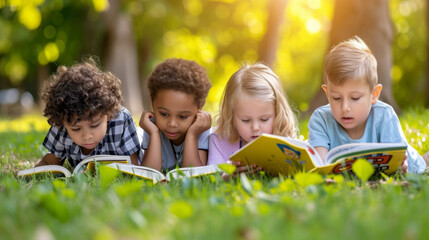 children lying on the grass, deeply engaged in reading books. - Powered by Adobe