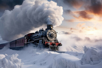 Naklejka premium Cargo train passing through a snow-covered landscape