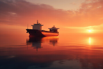 Obraz premium Cargo ship sailing through a calm sea at sunset