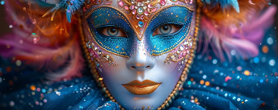 Mardi Gras Mask: Blue, Gold, and Purple Glitter Mask Generative AI