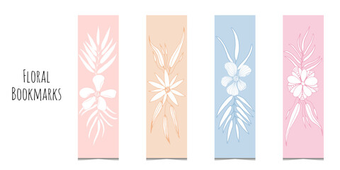 Fototapeta na wymiar Set of 4 bookmarks in pastel colors and white decorative hand draw plants. Line botanical illustration. Minimalistic bookmark templates for reading. Isolated on white background. Pretty kids bookmarks