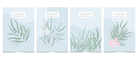Fototapeta na wymiar Light-blue vertical A4 covers set with green leaves in flat doodle style. Leaves and pink flowers posters for floral covers design. Elegants style illustration. Isolated on white background.