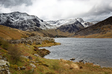 Snow on the mountains of  Eryri National Park (Snowdonia) North West Wales UK