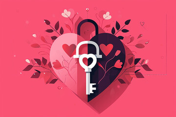 Fototapeta premium Illustration of a heart-shaped lock and key, Valentine's day, Flat illustration