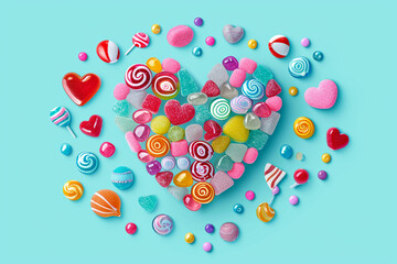 Illustration of a heart made from colorful candy, Valentine's day, Flat illustration