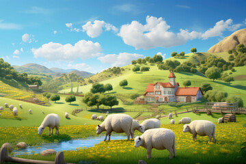 Obraz premium Digital farm with rolling hills and farm animals