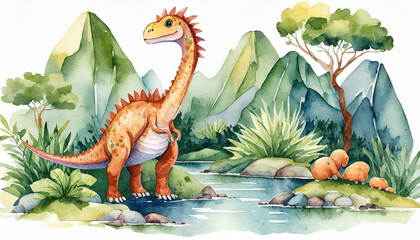 Children's drawing of dinosaurs in a natural park