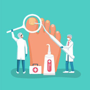 Nail disease. Onychomycosis concept. Fungal nails infection. Doctors exam and treat psoriasis. Paronychia, inflammation of skin around toenail. Doctor dermatologist analyzes fungal disease. Vector.