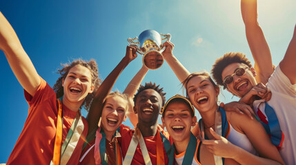 group of joyful athletes is celebrating a victory, holding up a trophy against a clear blue sky - obrazy, fototapety, plakaty