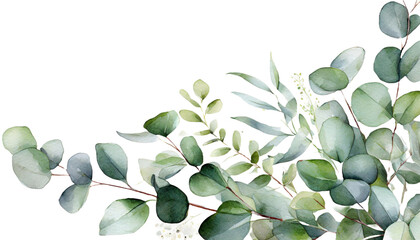 Watercolor eucalyptus illustration. Corner border. Greenery frame. Floral arrangement PNG