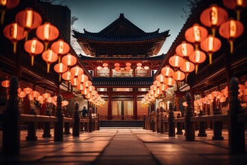 Lantern-lit temple during Chinese New Year, Generative AI