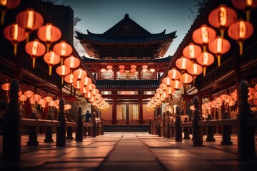 Fototapeta premium Lantern-lit temple during Chinese New Year, Generative AI