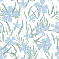 Seamless square pattern with elegant green leaves and blue flowers.Pattern on changeable white background.Elegant texture for printing on fabric,paper.Flat illustration style. Floral botanical pattern