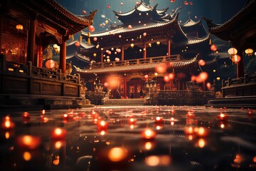 Lantern-lit temple during Chinese New Year, Generative AI
