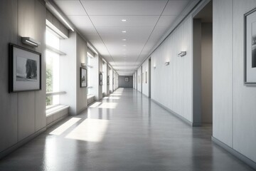 Empty office hallway with customizable wall. Generative AI