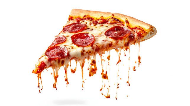 Template with delicious tasty slice of pepperoni pizza flying on white background.