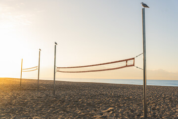 Volleyball and beach fields photographed at dawn and with seagulls on the masts with no people in...