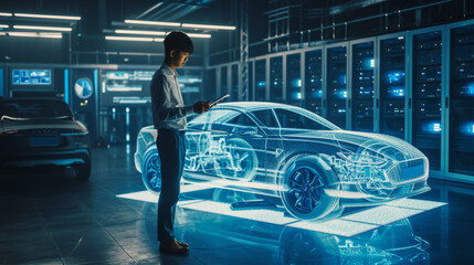 man standing in a server room looking at a tablet, with a holographic projection of a car in front of him