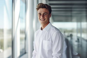 a young man in a white shirt is smiling in front of a glass wall