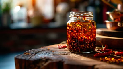 Fotobehang Chili oil in a jar. Selective focus. © Milena