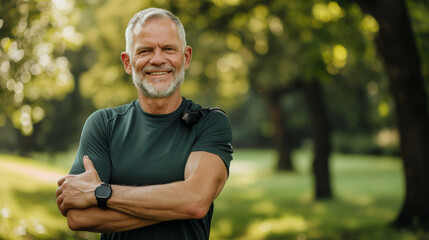 Naklejka na ściany i meble mature man with a grey beard is smiling and standing with his arms crossed, wearing a fitness tracker, in a park setting
