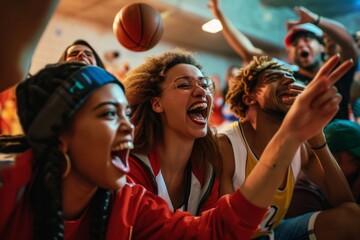 A group of friends in sports gear watching a March Madness basketball game, showing excitement and team spirit - obrazy, fototapety, plakaty
