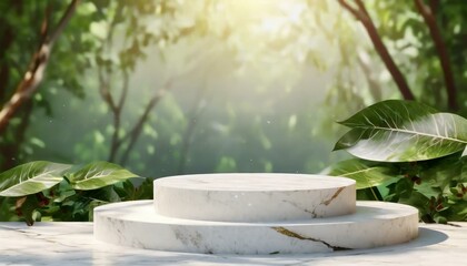 White marble podium showing pedestal leaves in the jungle. white luxury marble cylinder Circular pedestal with green leaf for new products, nature forest