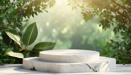 White marble podium showing pedestal leaves in the jungle. white luxury marble cylinder Circular pedestal with green leaf for new products, nature forest