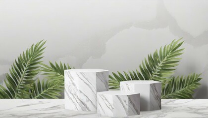 3 luxury white Marble box, block, square podium cube green leaves in white marble background. concept scene stage showcase, product, perfume, promotion sale, banner, presentation, cosmetic. 3D render