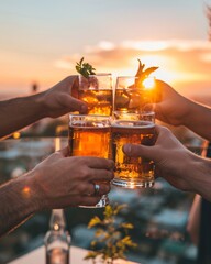 A group of friends toasting with artisanal cocktails at a trendy rooftop bar during sunset