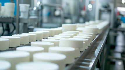 Obraz premium Heads of cheese on a production tape. Selective focus.
