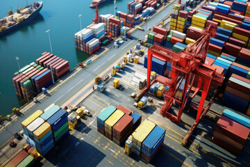 shipping container docking at port in port - obrazy, fototapety, plakaty