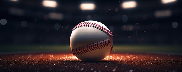 A close-up view of a baseball, centered in the midst of the stadium, ready for play. - obrazy, fototapety, plakaty