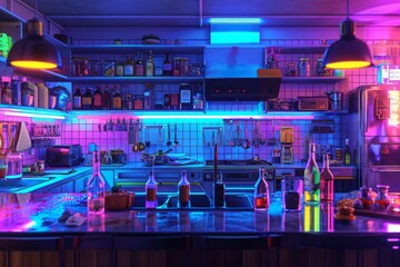 A kitchen scene where all objects and food items are in unusual neon colors, offering a futuristic and surreal culinary environment